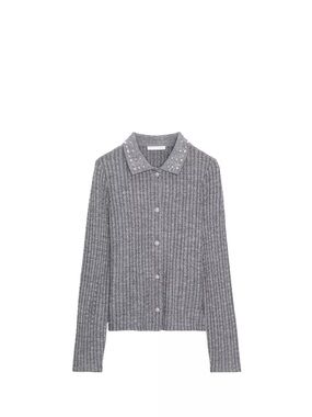 ZARA Light Grey Ribbed Button-Up Cardigan with Embellished Collar